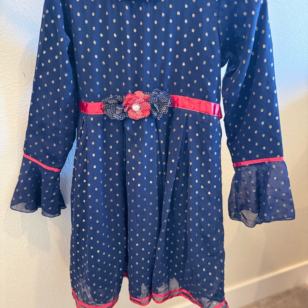 Elegant Navy Kids Dress with Red Floral Belt